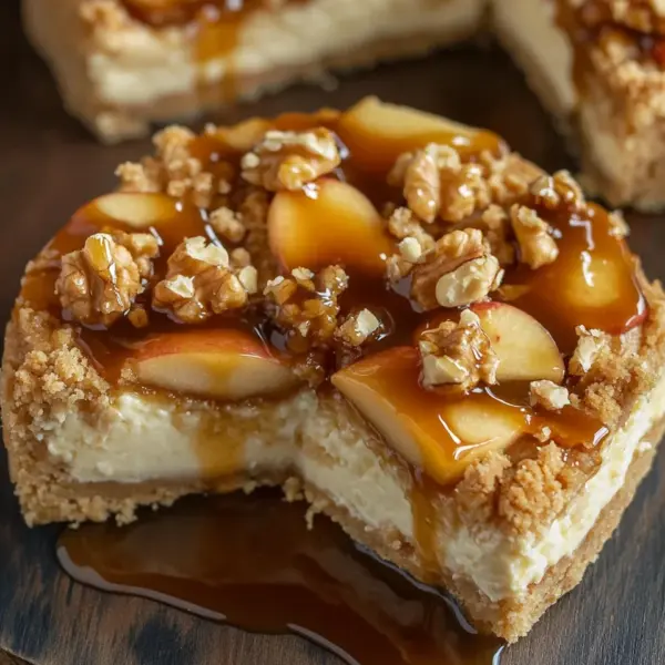 Apfel-Cheesecake mit Walnuss-Streuseln und Karamellsauce