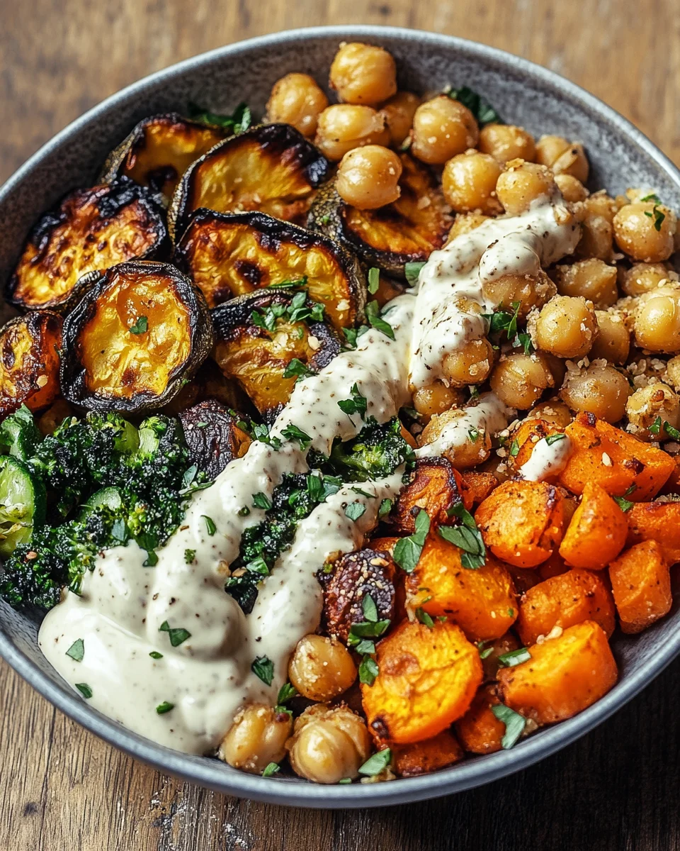 Bowl mit geröstetem Gemüse und Kichererbsen mit Tahini-Dressing 31 Bowl