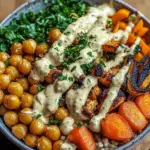 Bowl mit ger&ouml;stetem Gem&uuml;se und Kichererbsen mit Tahini-Dressing