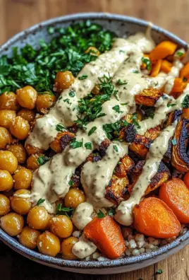 Bowl mit geröstetem Gemüse und Kichererbsen mit Tahini-Dressing