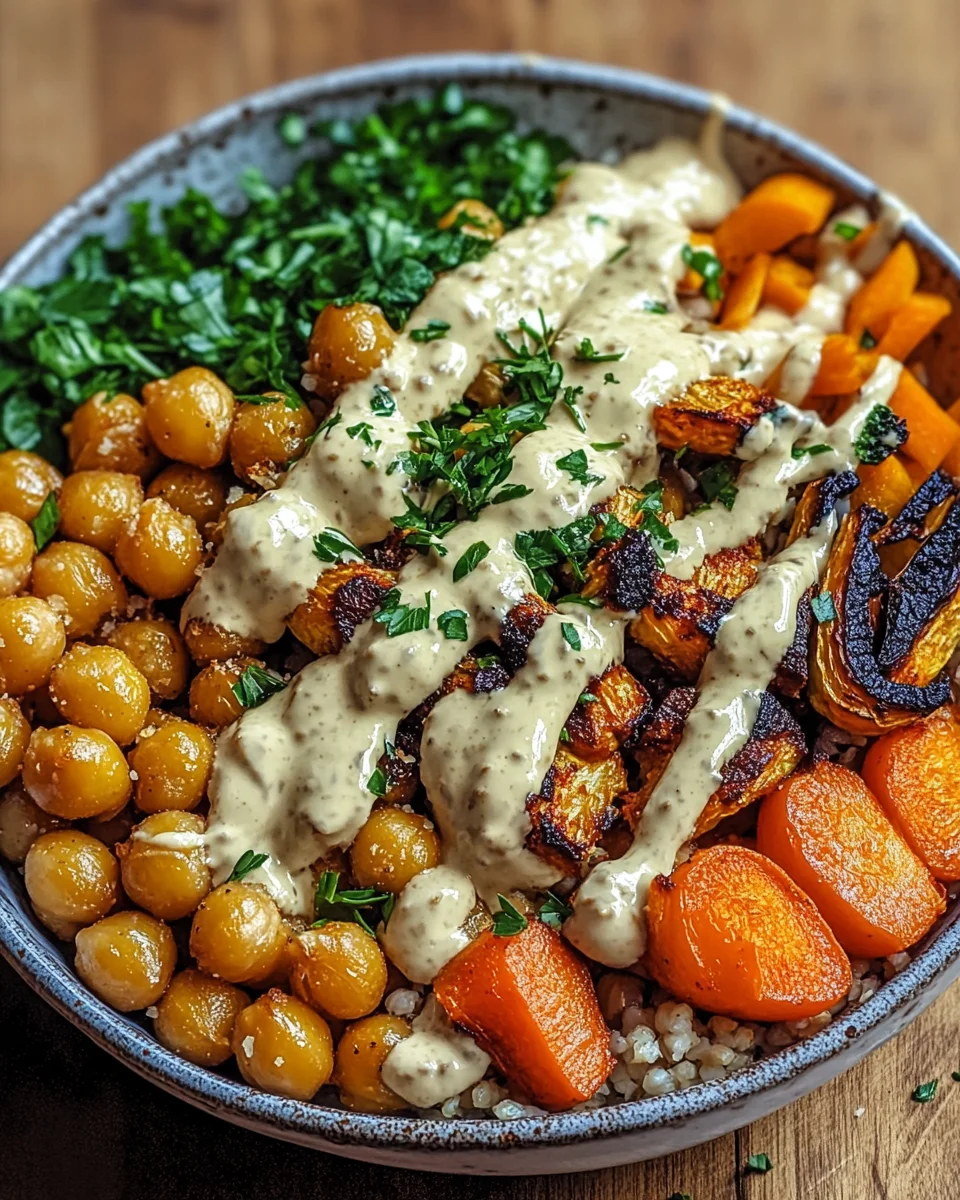 Bowl mit geröstetem Gemüse und Kichererbsen mit Tahini-Dressing 33 Bowl mit geröstetem Gemüse und Kichererbsen mit Tahini-Dressing