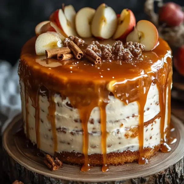 Bratapfeltorte mit Orangen-Zimt-Creme und Karamell-Drip