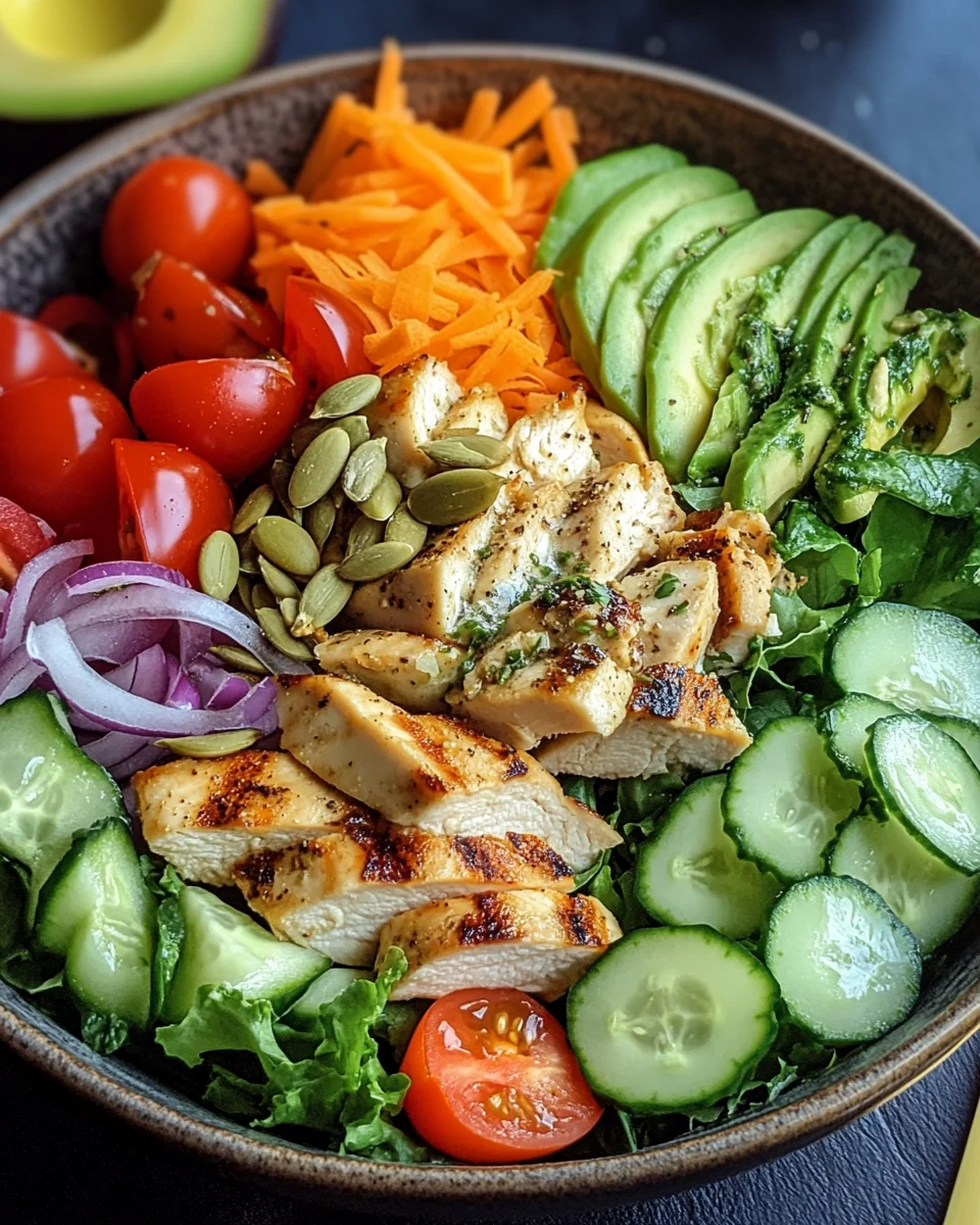 Bunte Salat Bowl mit Avocado, Hähnchen und Knoblauchdressing 17 Bunte