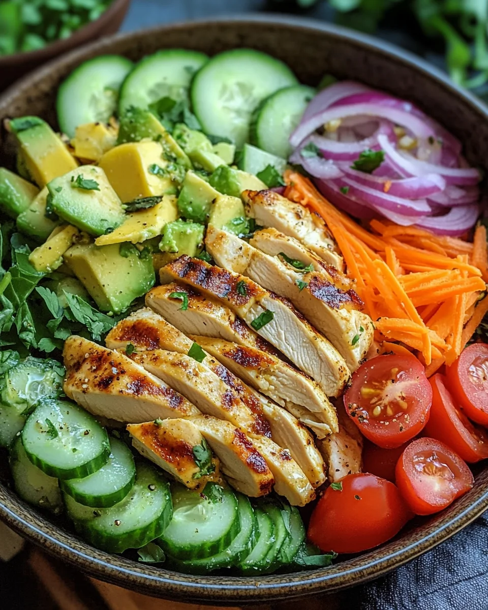 Bunte Salat Bowl mit Avocado, Hähnchen und Knoblauchdressing