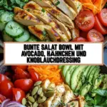 Bunte Salat Bowl mit Avocado, Hähnchen und Knoblauchdressing 16 Pinterest Hidden Image