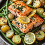 Einfaches Blechlachs Rezept mit gr&uuml;nen Bohnen und Kartoffeln
