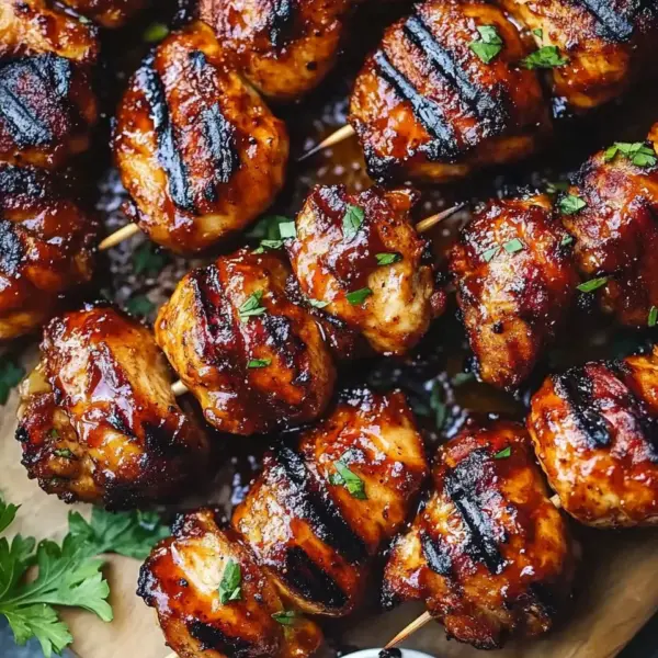 Gegrillte Honig-BBQ-Bacon-Hühnchen-Spieße einfach zubereiten