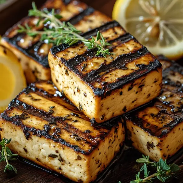 Griechischer gegrillter Tofu mit Zitrone und Thymian