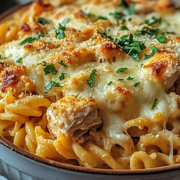 Knuspriger Nudel-Hähnchen-Auflauf mit Knoblauch und Parmesan