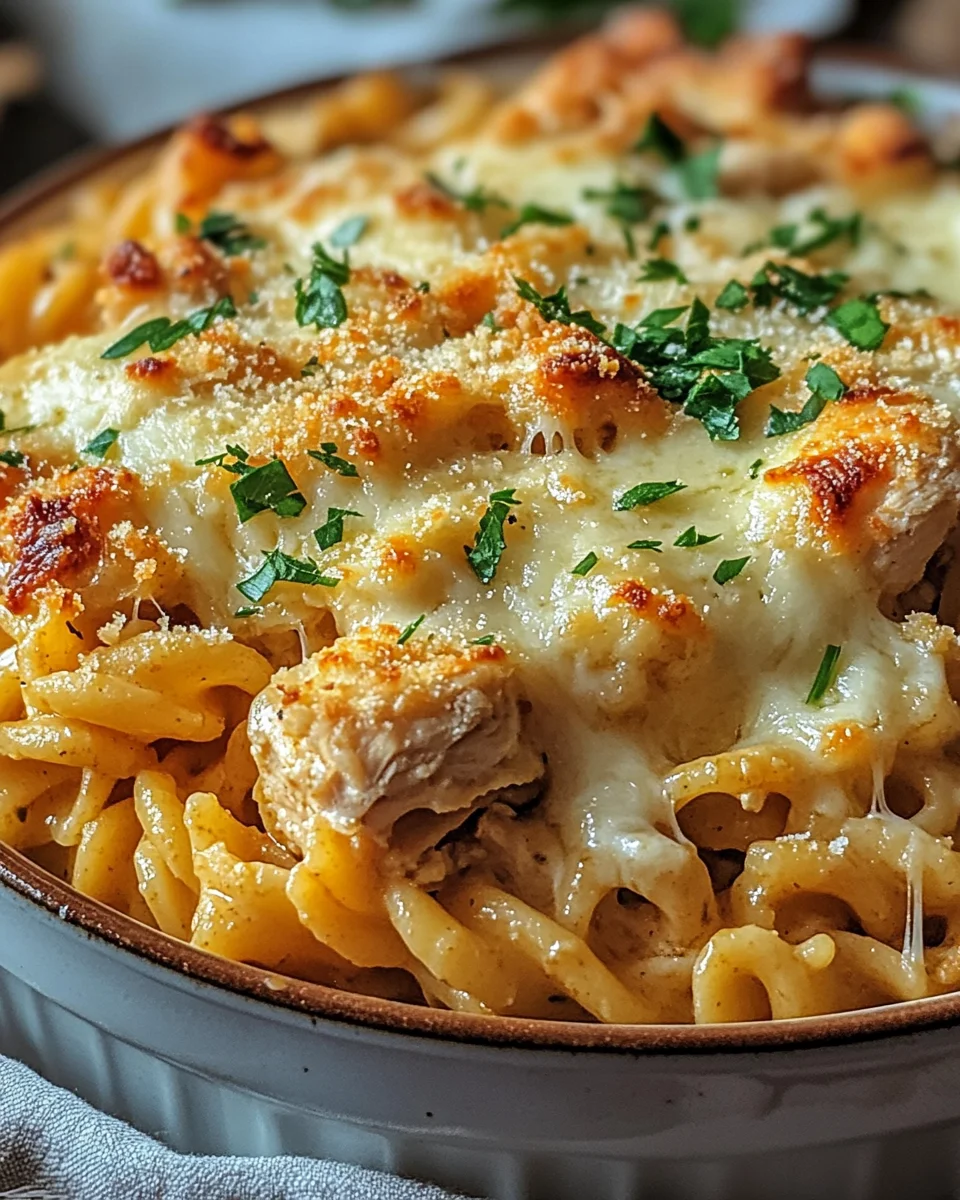Knuspriger Nudel-H&auml;hnchen-Auflauf mit Knoblauch und Parmesan