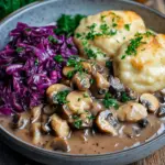 Pilz-Maronen Ragout mit Ofenkn&ouml;deln und Rotkraut