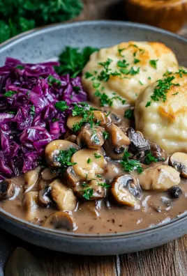 Pilz-Maronen Ragout mit Ofenknödeln und Rotkraut