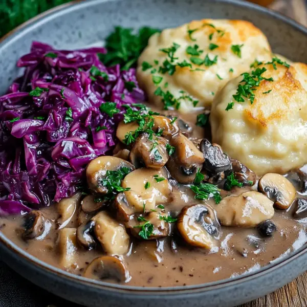 Pilz-Maronen Ragout mit Ofenknödeln und Rotkraut