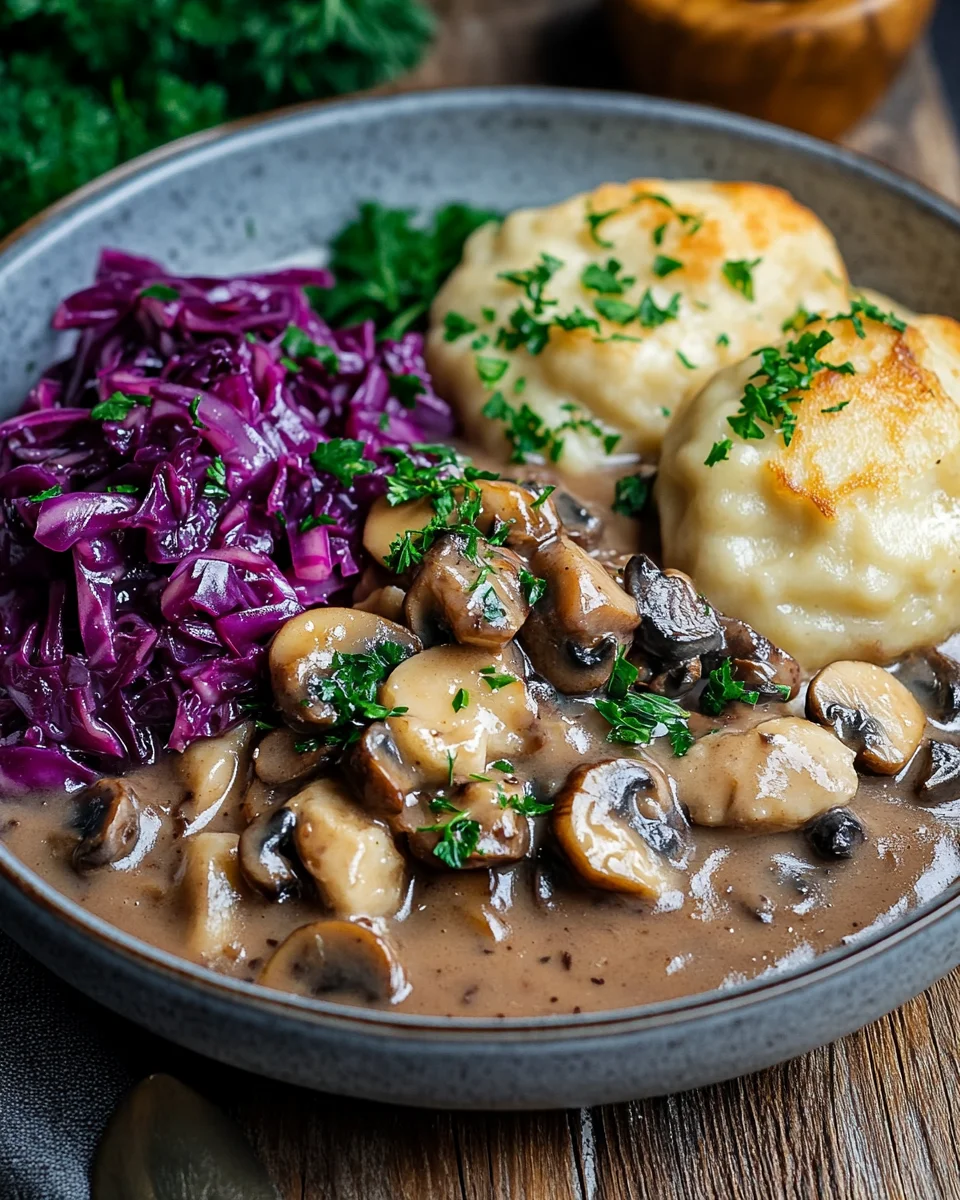 Pilz-Maronen Ragout mit Ofenkn&ouml;deln und Rotkraut