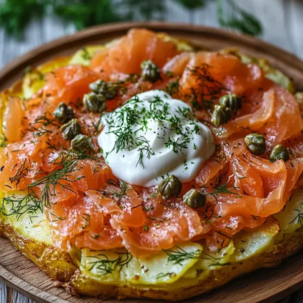 Knusprige Kartoffelgalette mit Räucherlachs und Crème Fraîche