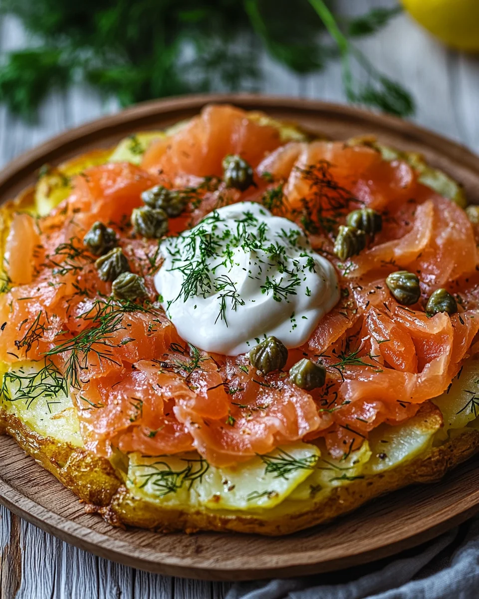 Knusprige Kartoffelgalette mit Räucherlachs und Crème Fraîche