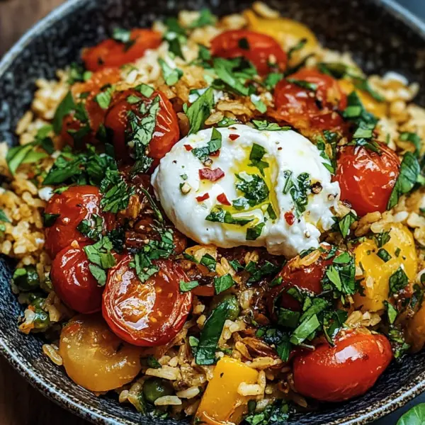 Mediterrane Reispfanne mit Burrata