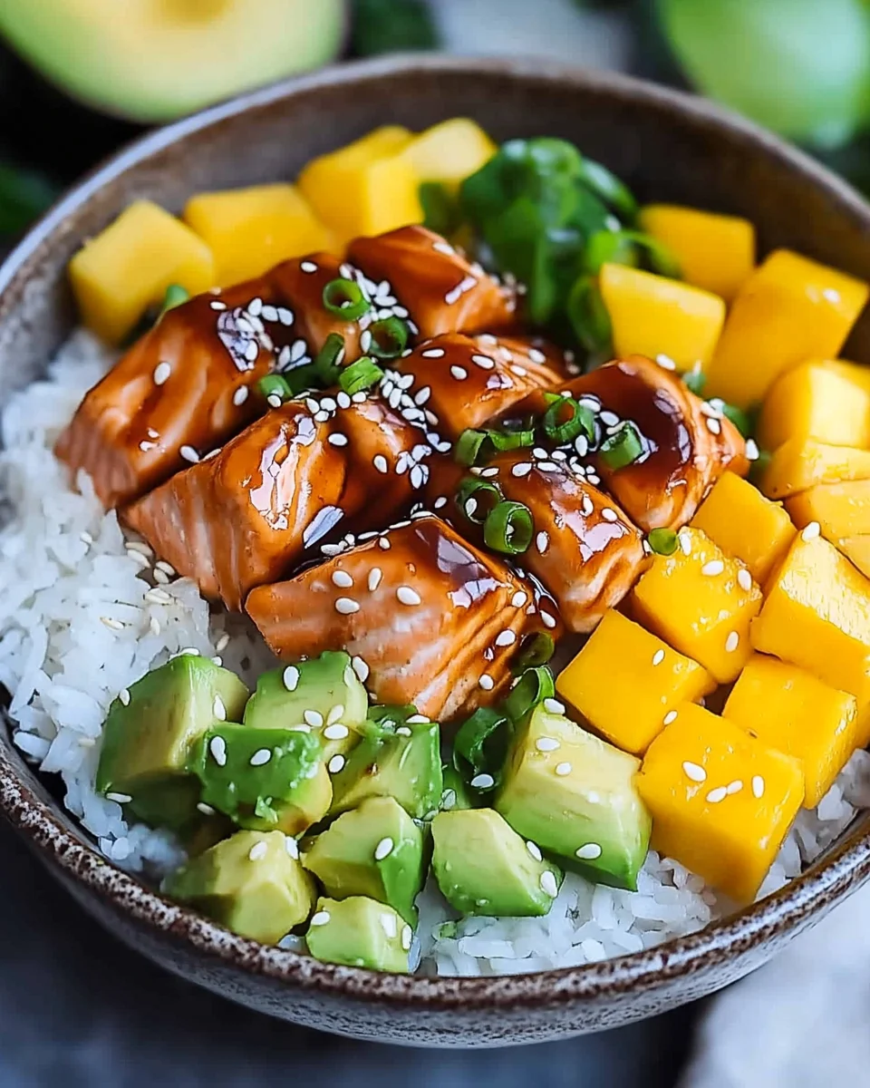 Teriyaki Lachs Reisschüssel mit Mango