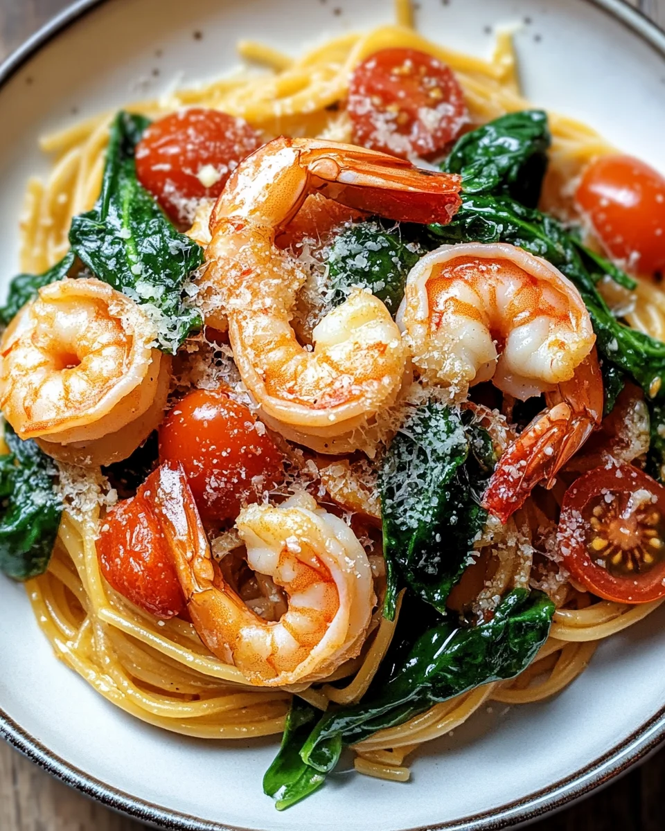 Tomate-Spinat-Garnelen-Nudeln