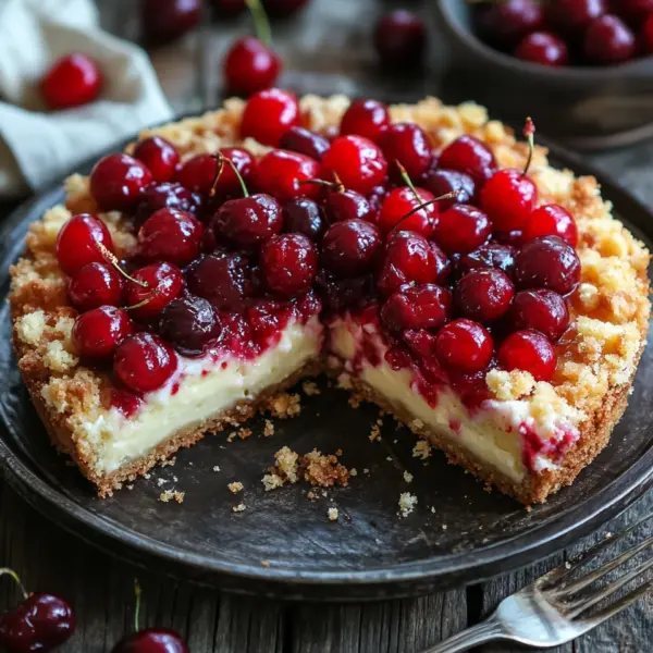 Saftiger Käsekuchen mit Kirschen und Streuseln