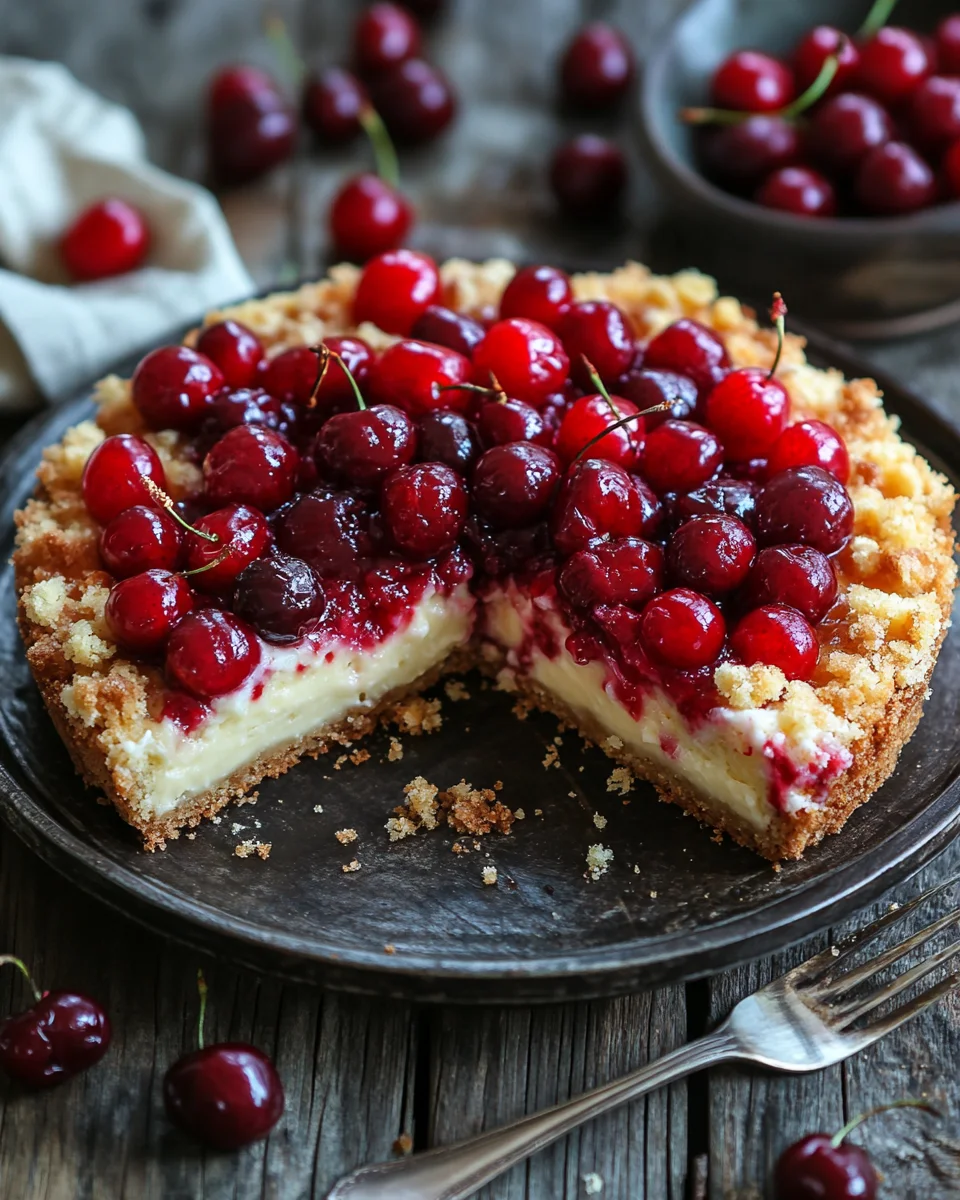 Saftiger Käsekuchen mit Kirschen und Streuseln