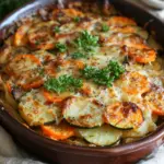 Vegetarischer Kartoffelauflauf mit Zucchini, Karotten und Zwiebeln