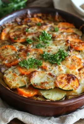 Vegetarischer Kartoffelauflauf mit Zucchini, Karotten und Zwiebeln