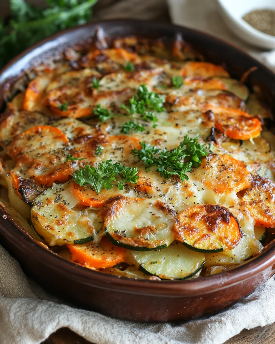 Vegetarischer Kartoffelauflauf mit Zucchini, Karotten und Zwiebeln