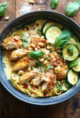 Zucchini Parmesan Pasta mit Hähnchen und Pinienkernen