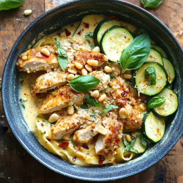Zucchini Parmesan Pasta mit Hähnchen und Pinienkernen
