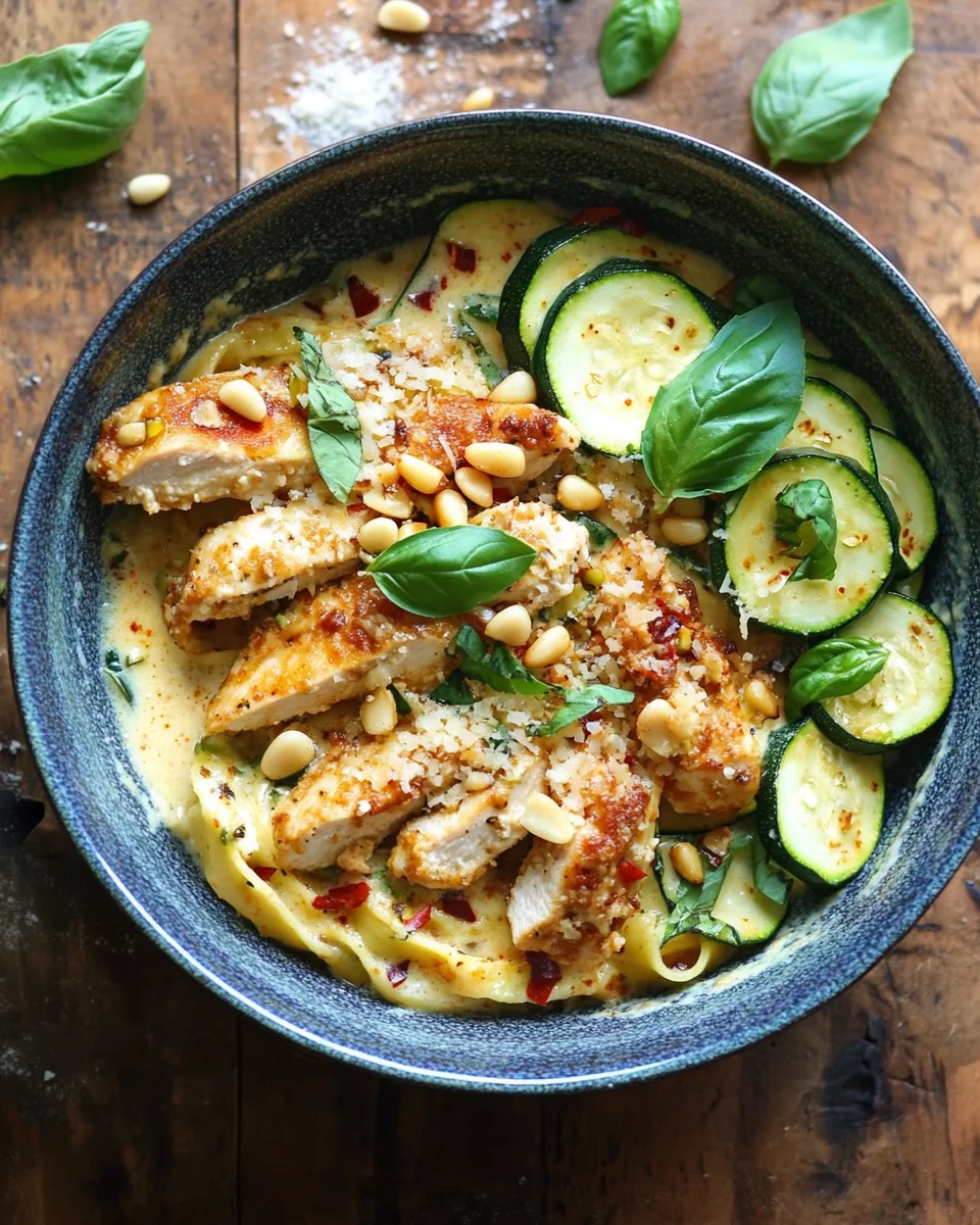 Zucchini Parmesan Pasta mit H&auml;hnchen und Pinienkernen
